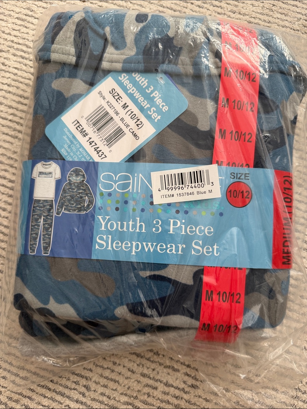 NWT Saint eve Youth 3-Piece Blue Camo Sleepwear Set - Size 10/12